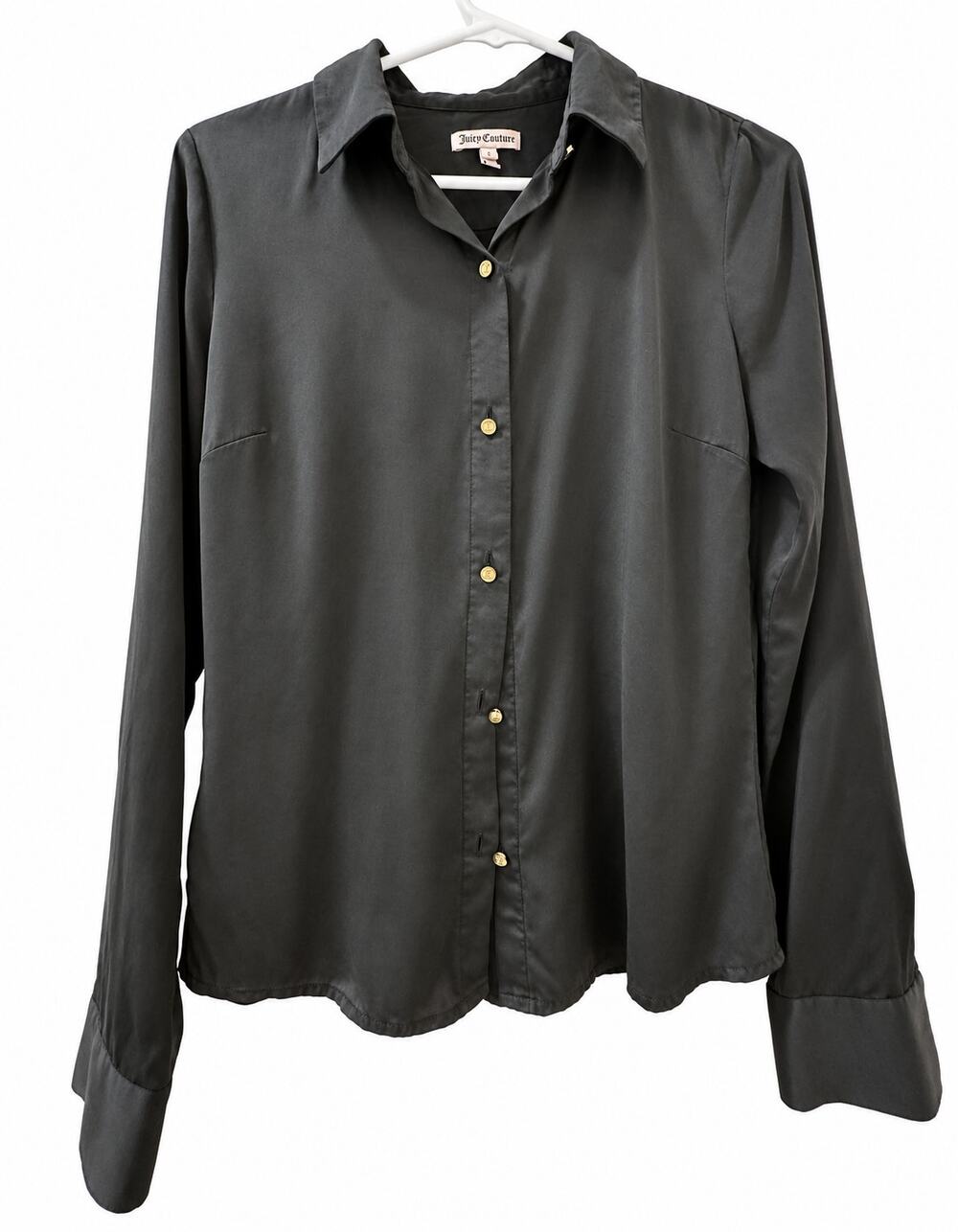 Juicy Couture Black Silk Button Down Blouse Gold Logo Buttons Size S Y2K